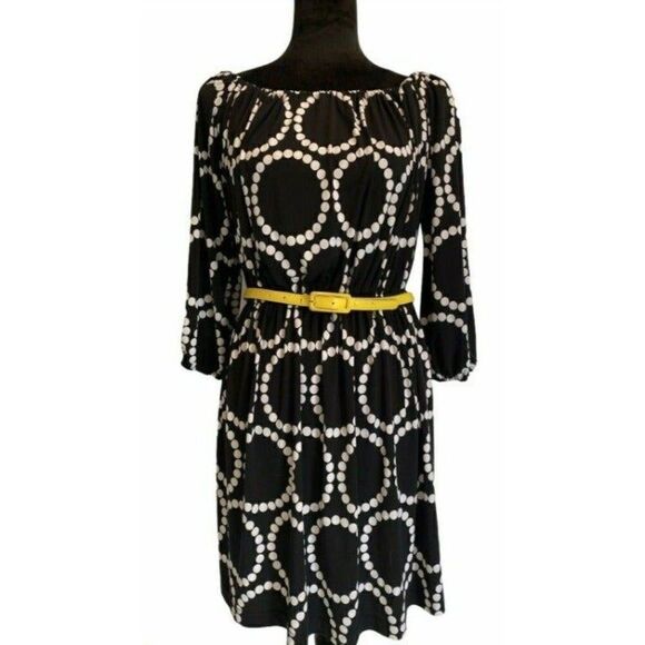 Tiana B Black w/White Circles Mini Dress w/Yellow Belt Size Small - Picture 1 of 6